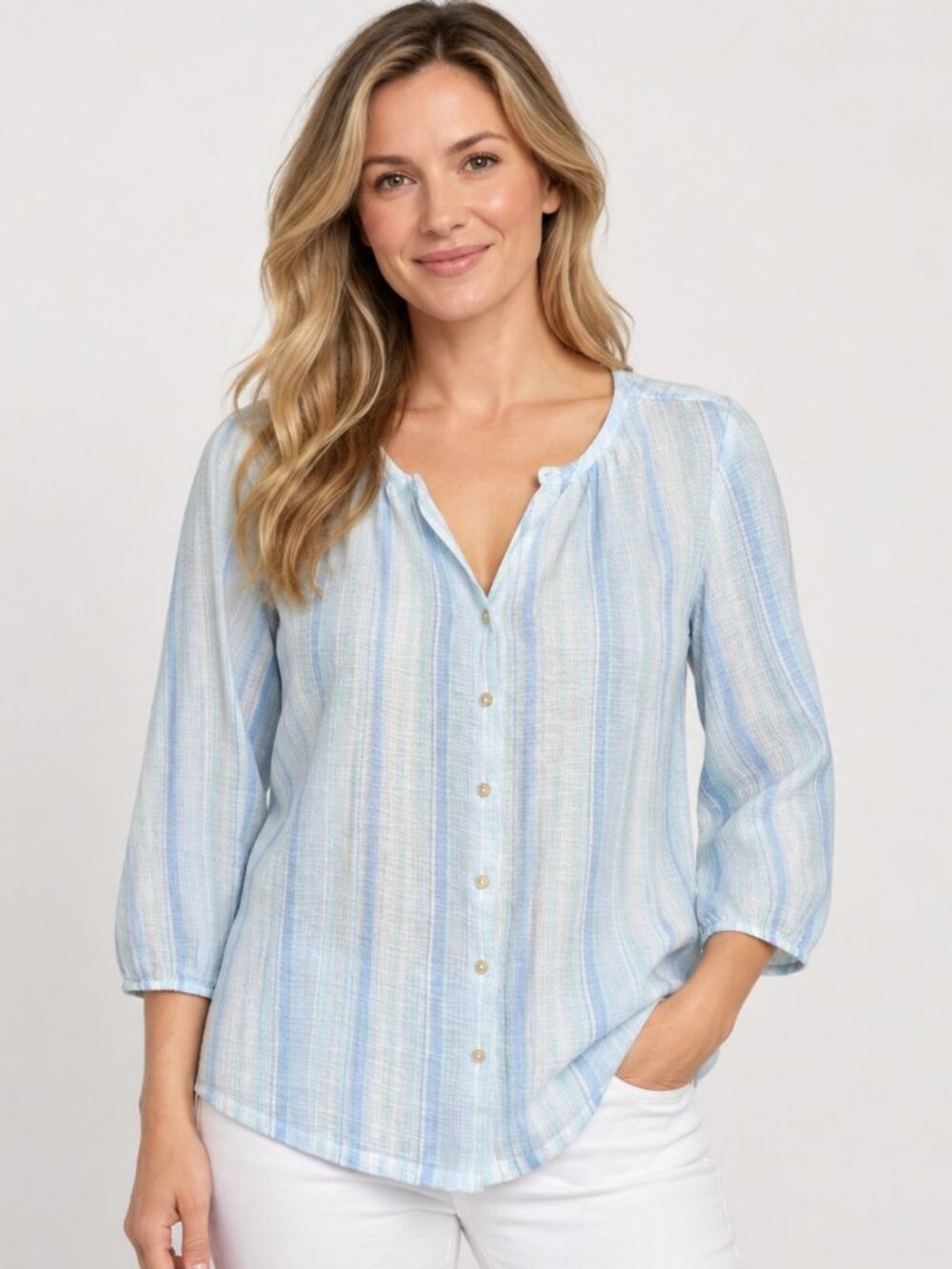 Tommy Bahama Womens S Blue White Stripe Cotton Gauze Button Front 3/4 Sleeve Top